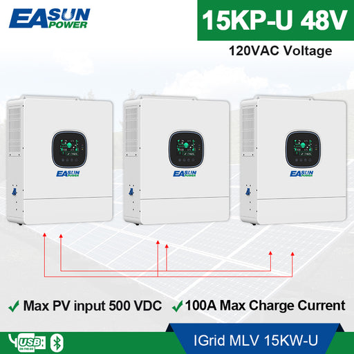 Easun Power 15KW Hybrid Solar Inverter 110/120vac Single Phase 48vdc 100A Pure Sine Wave Inverter MPPT Charge Controller