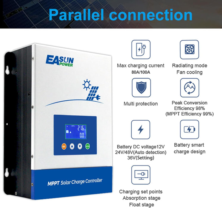 Easun 100A MPPT Solar Charge Controller 12V‑48V Auto LCD 150V Max