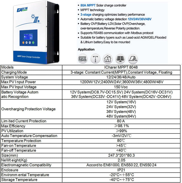 Easunpower 80A MPPT 12/24/36/48V  LCD Solar Charge Controller