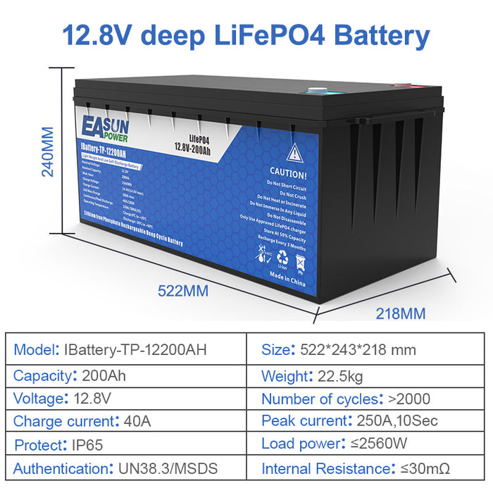 EASUN POWER 12.8V 200AH LiFePO4 Battery for RVs Pack Grand A Cells Lithium Iron for Solar Energy System