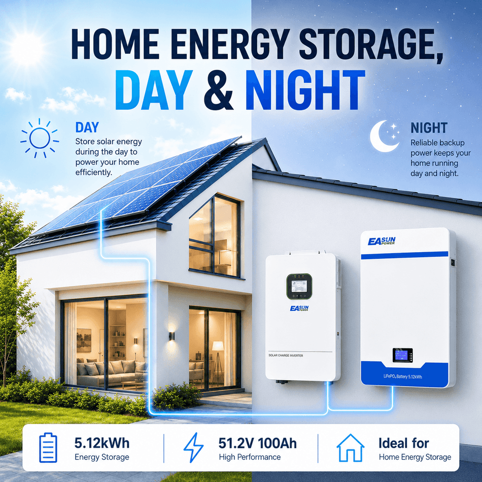 5.12kWh 51.2V 100Ah Wall-Mounted LiFePO4 Battery for Home Solar Storage | EASUN