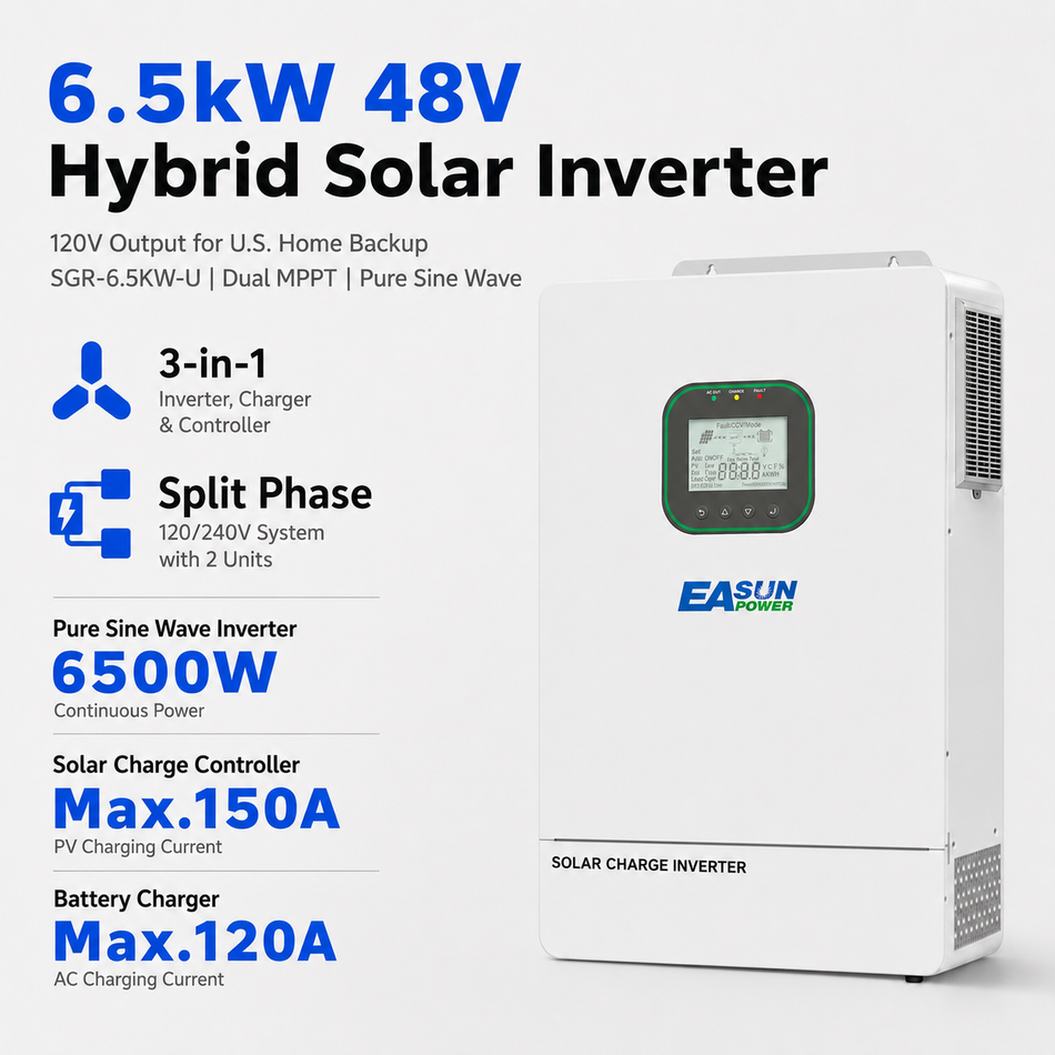 6.5kW 48V Hybrid Solar Inverter for U.S. 120V Home Backup | EASUN